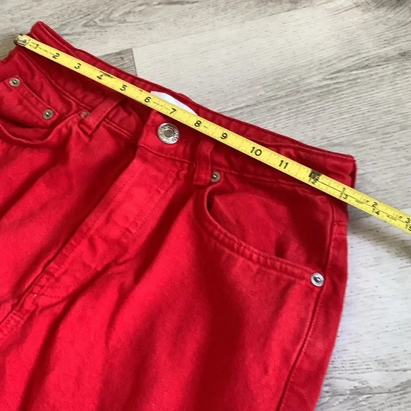 Zara The 90's Full Length Jeans Red Size 4 buttons fly raw ham - Picture 10 of 16